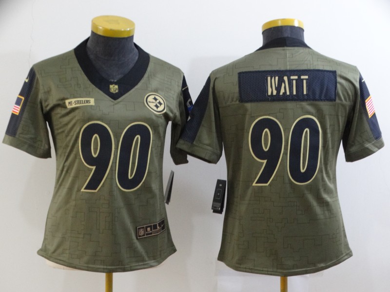 2021 Women Pittsburgh Steelers 90 Watt Nike Olive Salute To Service Limited NFL jersey